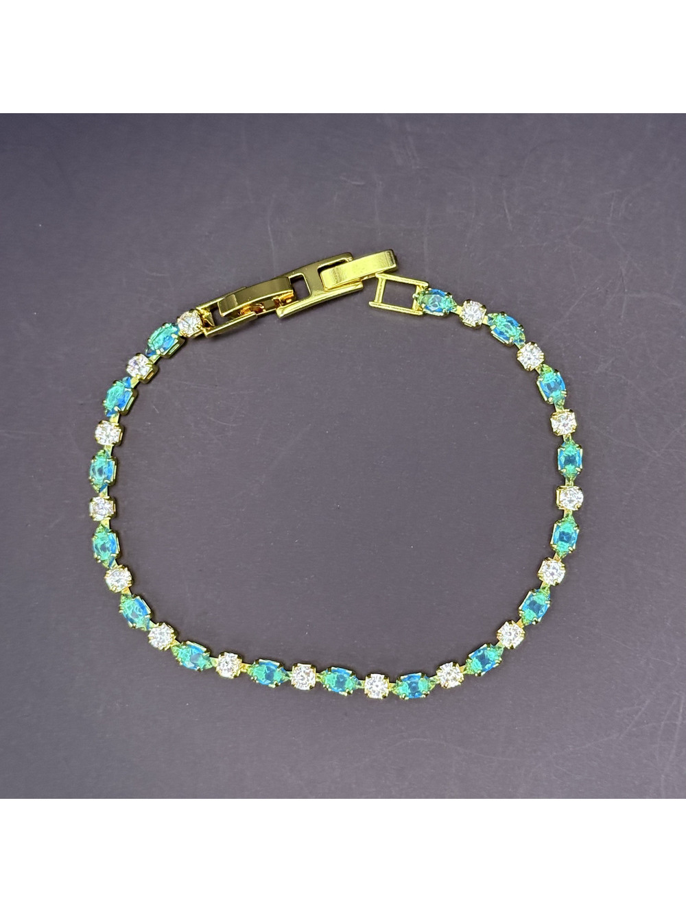 candy+clover aqua blue and white crystal gold tone tennis bracelet